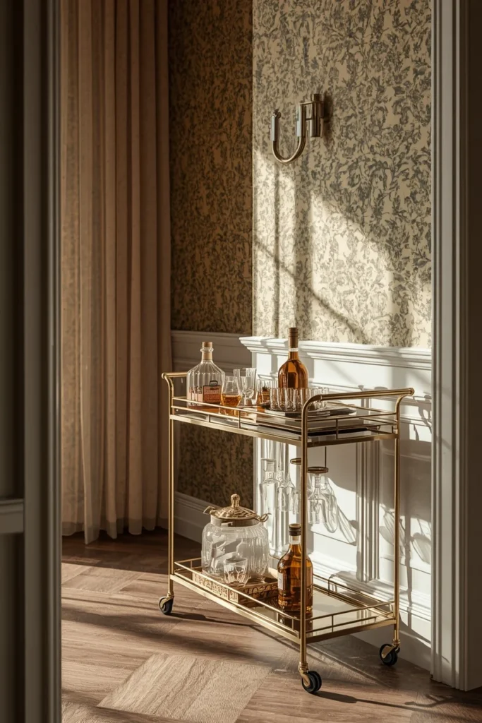 25 Modern Dining Room Ideas That Are Chic, Sleek & Totally Pin-Worthy 24 dining room corner, featuring a brass bar cart with glassware