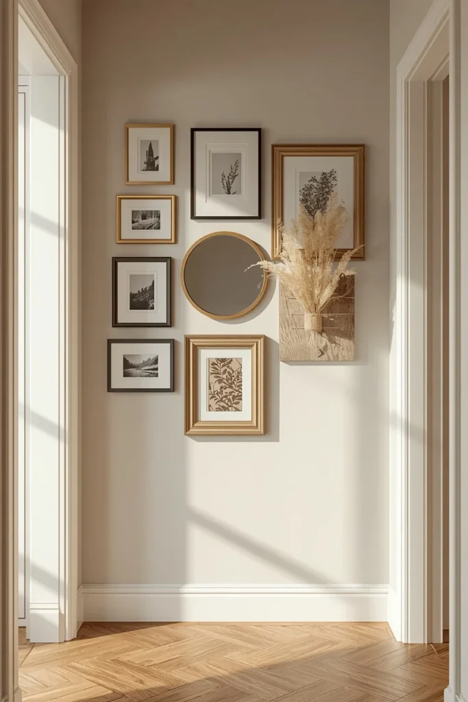 23 Rental Apartment Decor Ideas That Look Like You Actually Own the Place 24 rental hallway, featuring an eclectic gallery wall of mixed wood
