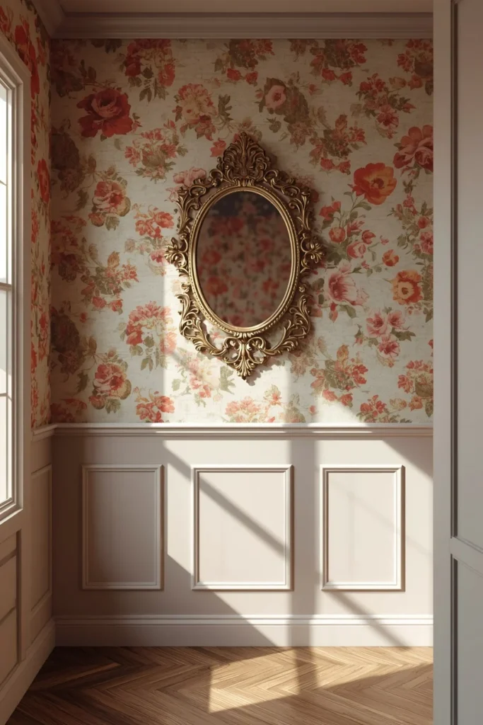 she shed interior, featuring one wall covered in bold vintage floral wallpaper