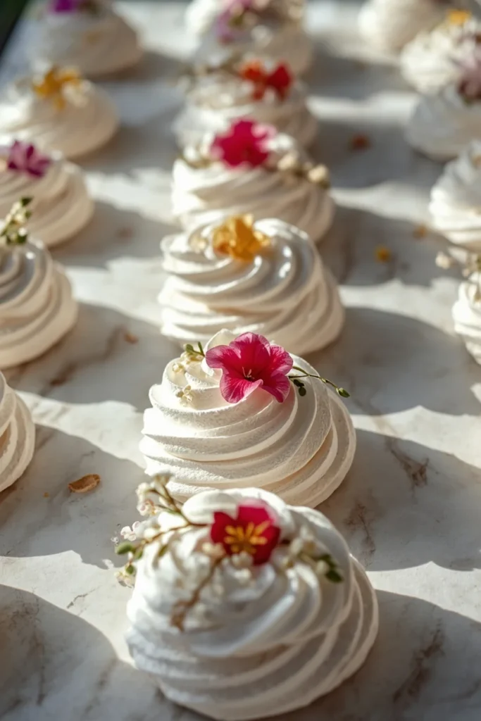  summer dessert table featuring small individual pavlovas