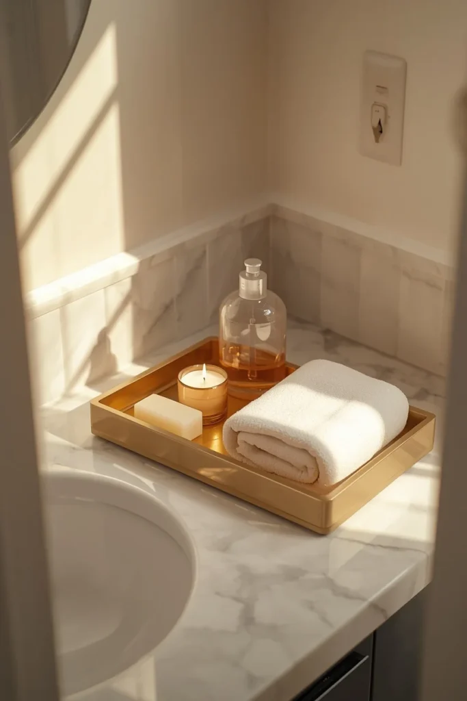 small powder room, featuring a brass vanity tray holding a bar of soap, 