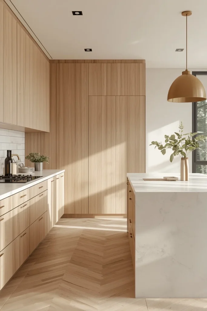 Scandinavian kitchen, featuring light natural wood perimeter cabinetry