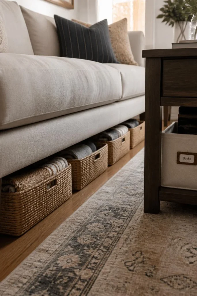 25 Apartment Living Room Ideas That Are Stylish, Smart and Totally Renter-Safe 25 apartment living room, featuring low woven storage baskets
