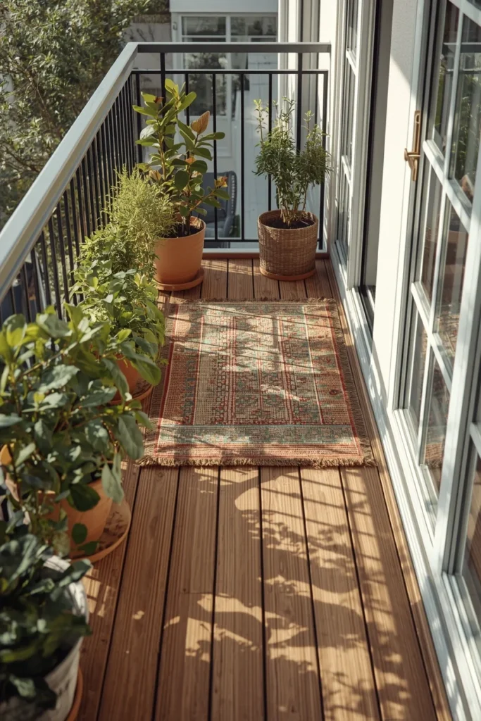 25 Balcony Ideas That Turn Even the Smallest Outdoor Space Into a Retreat 25 small balcony flooring makeover, featuring light oak interlocking deck tiles