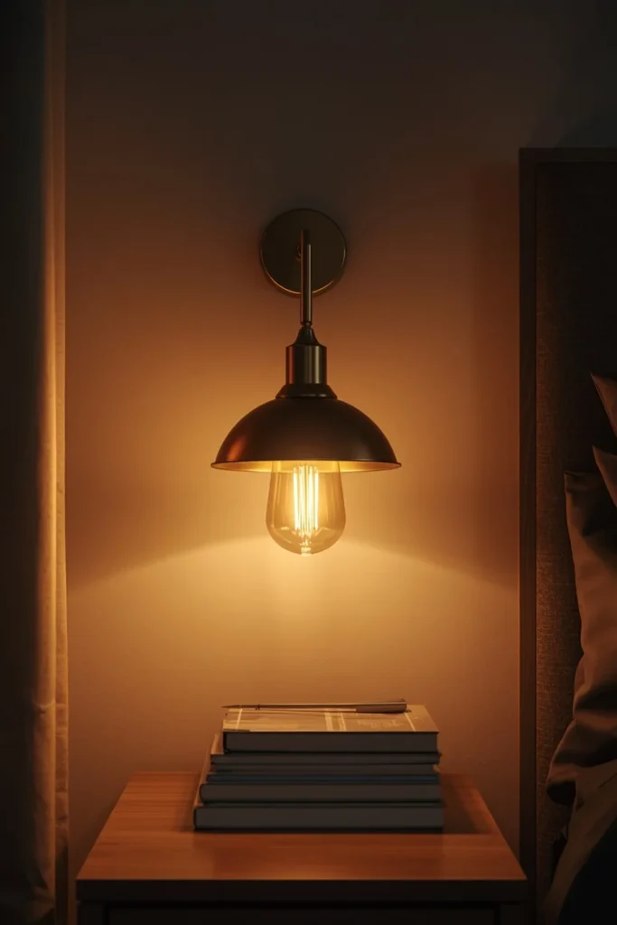 bedroom detail shot, featuring a warm brass wall 