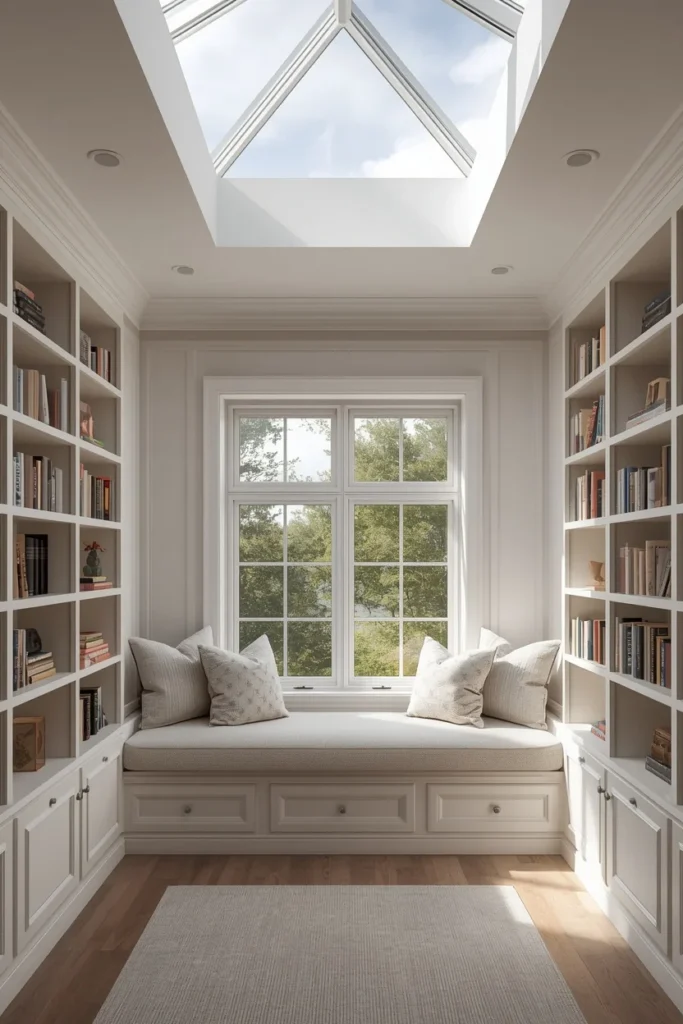 24 Dream Home Library Ideas That Are So Beautiful They'll Take Your Breath Away 25 home library reading nook, featuring a built-in window seat
