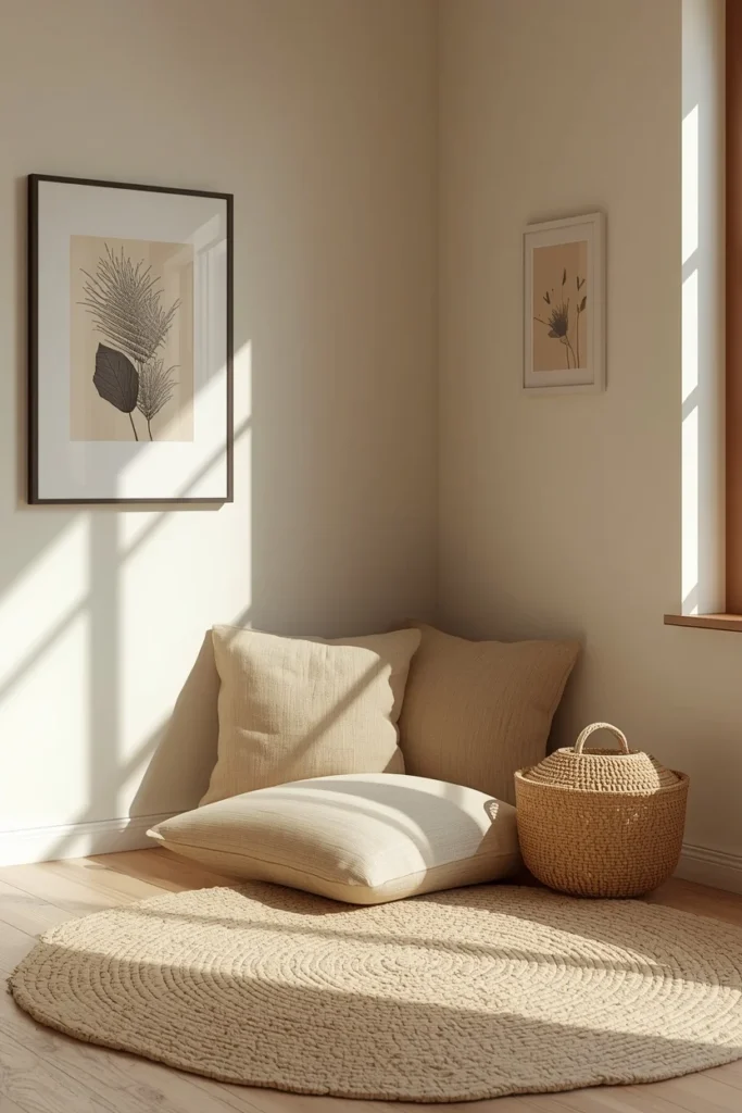  family room, featuring a styled corner with floor cushions