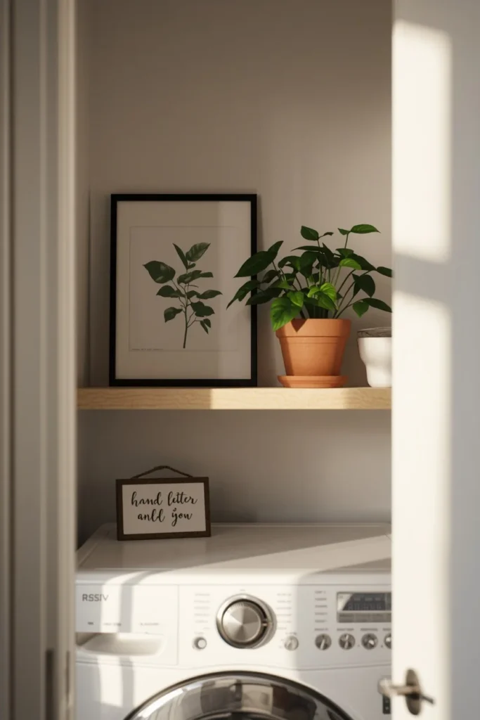 24 Laundry Room Ideas That Make the Most Dreaded Chore Actually Enjoyable 25 laundry room styling vignette, featuring a small framed botanical print,