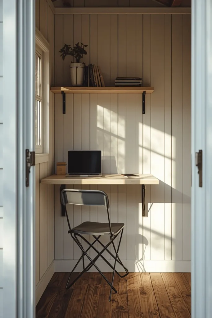  small she shed interior, featuring a wall-mounted fold-down desk