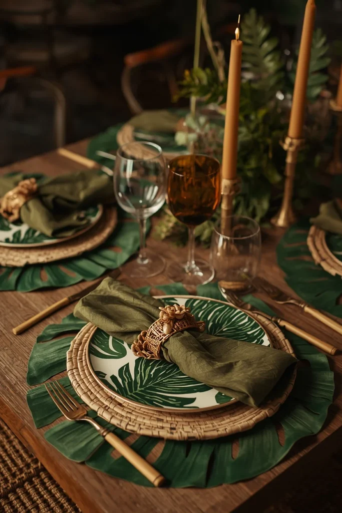 tropical-themed summer table featuring large monstera leaf placemats