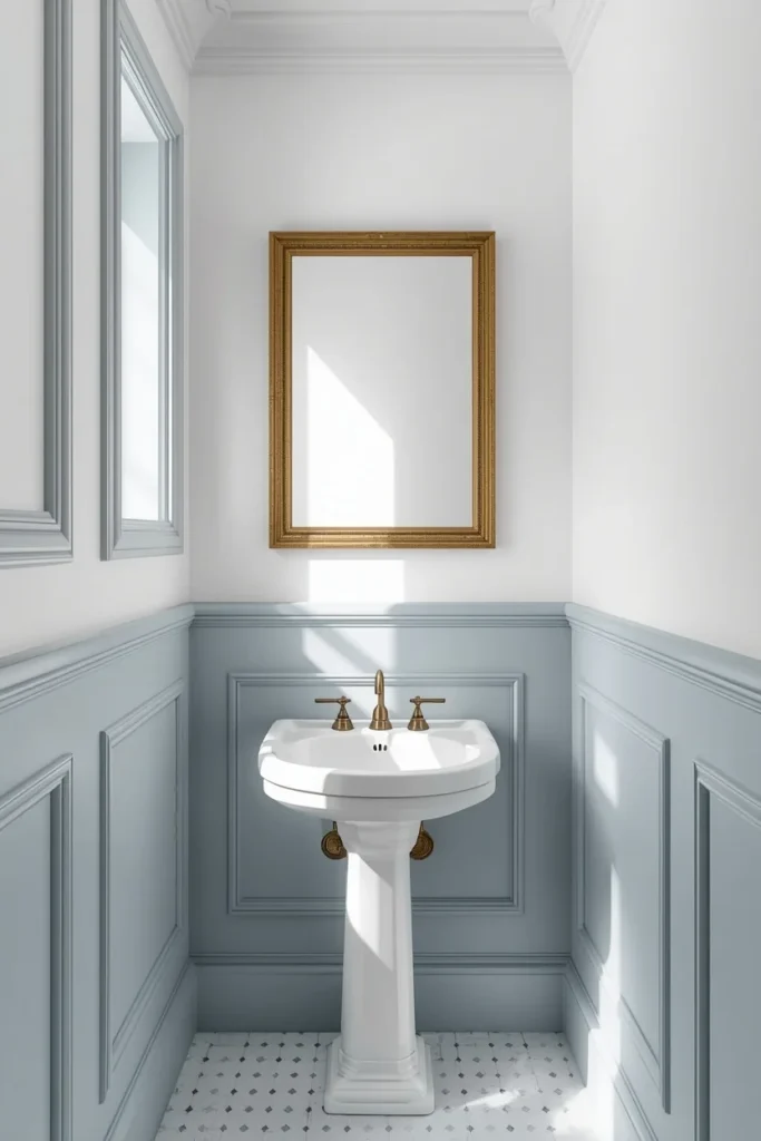 small powder room, featuring picture-frame wall