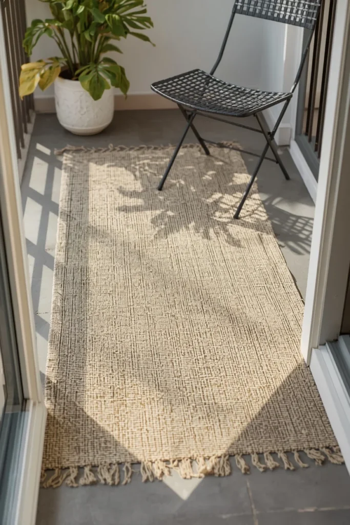 25 Balcony Ideas That Turn Even the Smallest Outdoor Space Into a Retreat 26 balcony floor, featuring a flat-weave neutral outdoor rug
