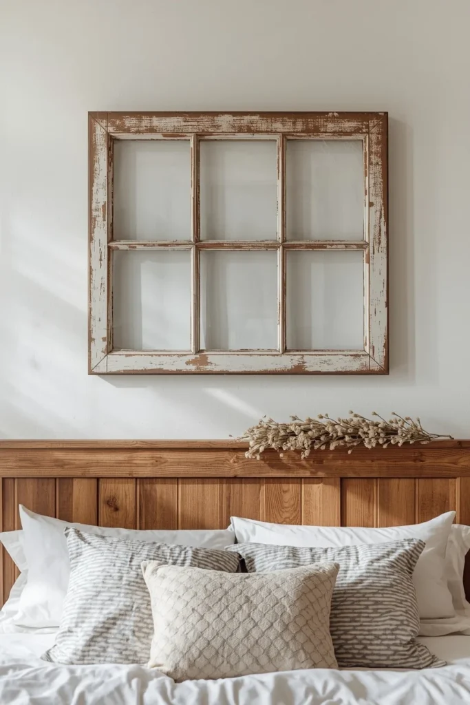 bedroom wall shot, featuring a weathered reclaimed window frame