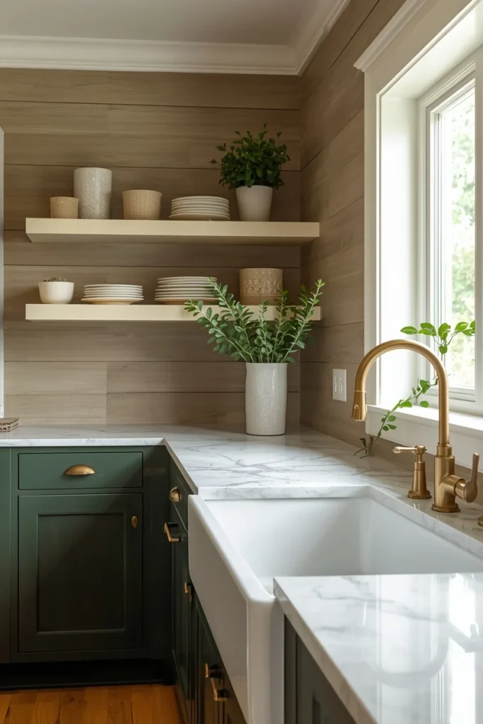 Shiplap in Taupe for a Refined Country Kitchen