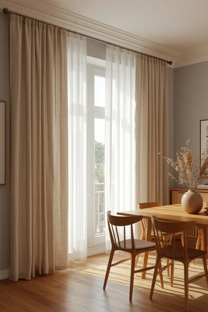 25 Modern Dining Room Ideas That Are Chic, Sleek & Totally Pin-Worthy 26 dining room, featuring floor-to-ceiling linen drapery framing a window