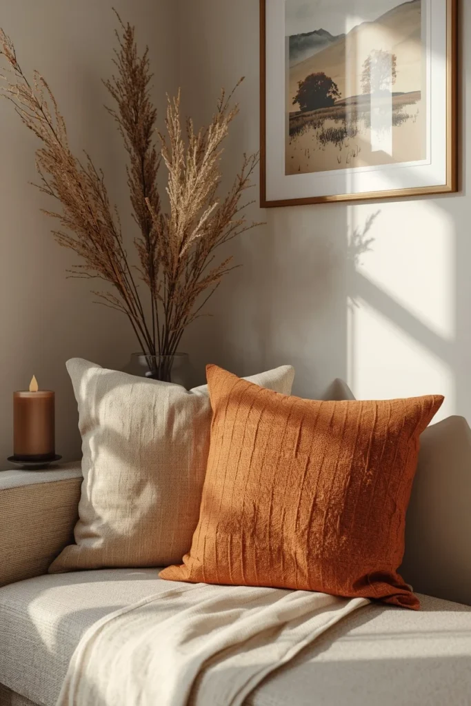 she shed interior styling vignette, featuring seasonal throw pillow covers