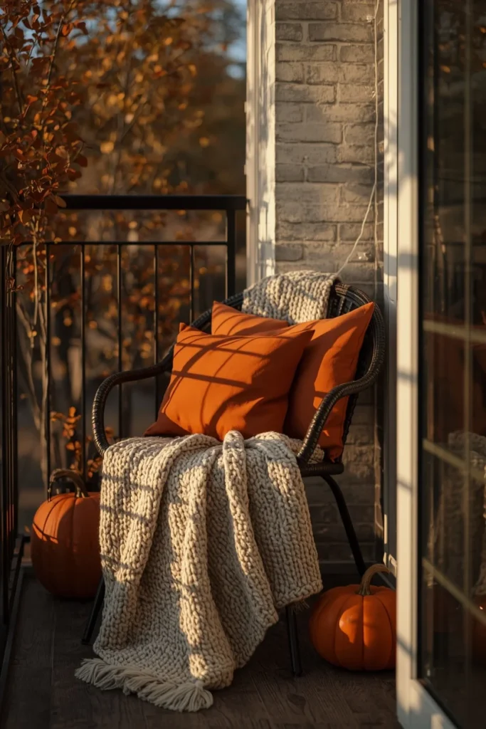 25 Balcony Ideas That Turn Even the Smallest Outdoor Space Into a Retreat 27 cozy autumn balcony corner, featuring a knit throw draped over a chair,