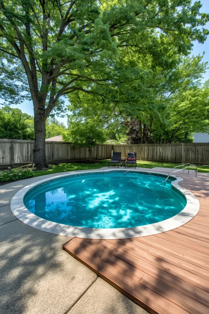 Above ground round pool with a partial side deck 