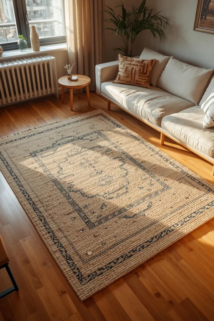 25 Apartment Living Room Ideas That Are Stylish, Smart and Totally Renter-Safe 4 apartment living room with layered rugs, featuring a large natural jute base rug