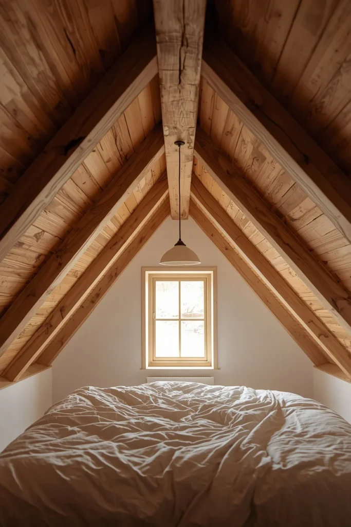 attic bedroom shot, featuring natural exposed wood ceiling beams 