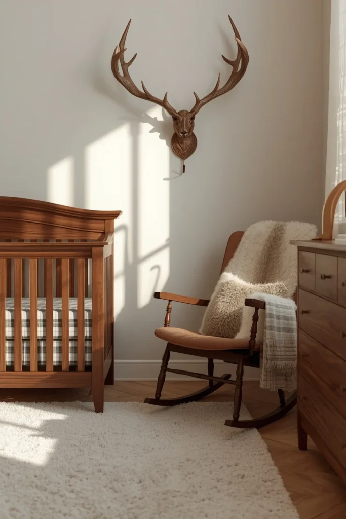 18 Baby Boy Nursery Themes That Are Cute, Creative & Absolutely Charming 4 baby nursery, featuring deep walnut wood crib and dresser,