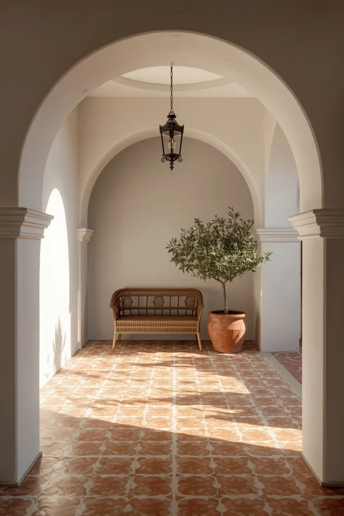 17 Back Patio Ideas That Transform Any Outdoor Space Into a Cozy Retreat 4 Spanish Revival patio, featuring a curved white stucco archway