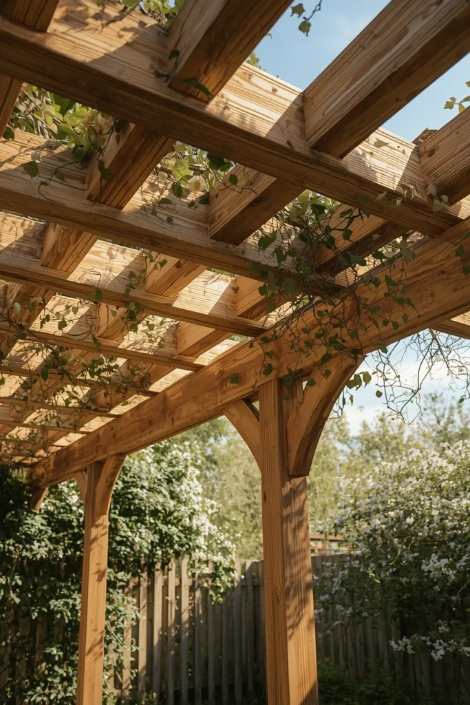 a cedar pergola-gazebo hybrid with slatted open beams
