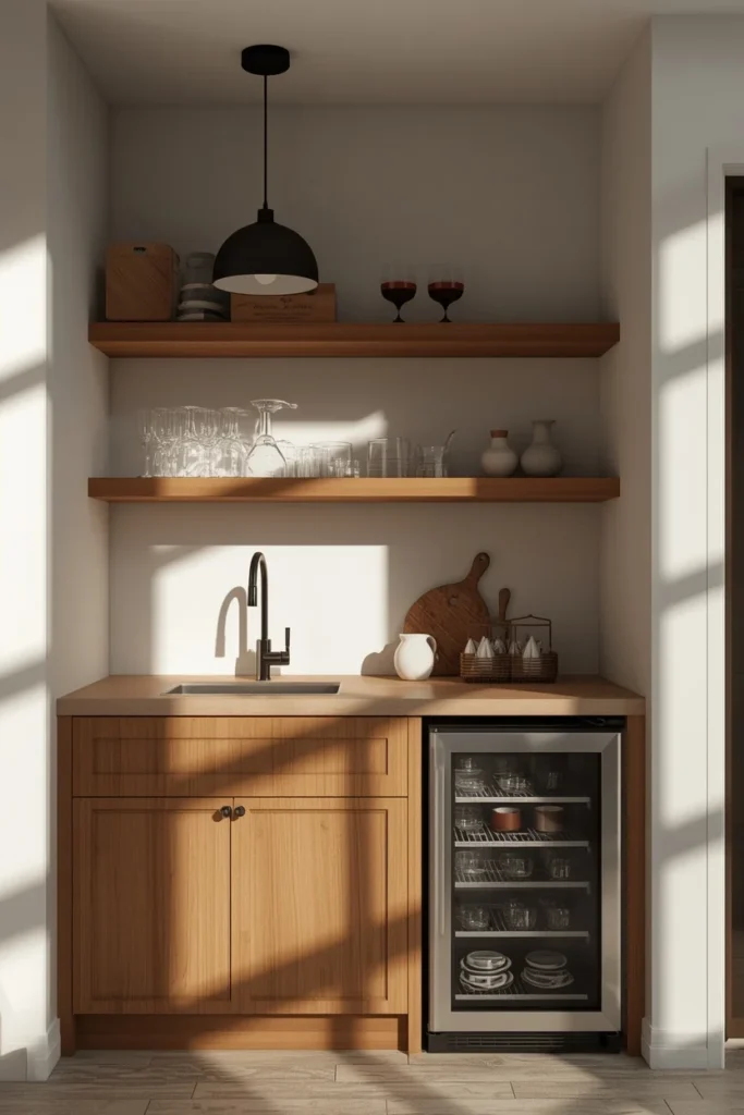 ool house kitchenette, featuring a wood counter