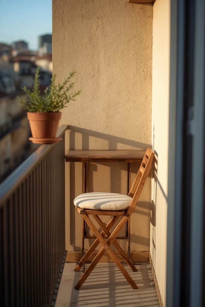 25 Balcony Ideas That Turn Even the Smallest Outdoor Space Into a Retreat 4 narrow apartment balcony, featuring a folded-down wall-mounted wooden table
