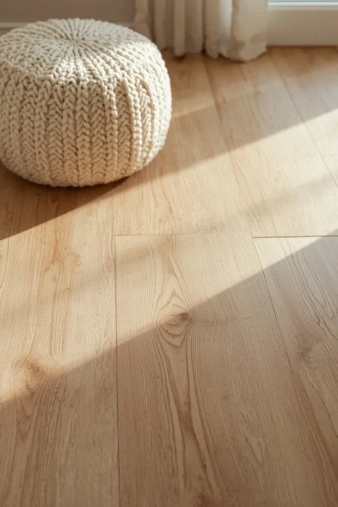 basement flooring close-up, featuring light oak-toned luxury vinyl plank flooring 