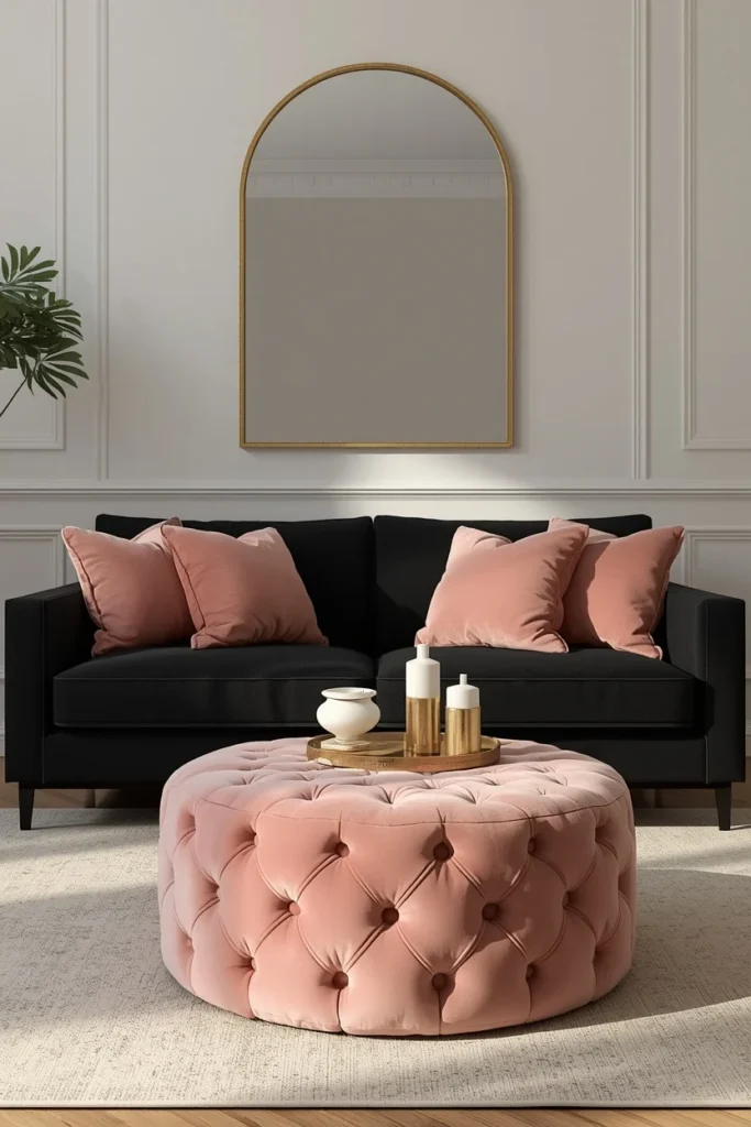living room, featuring a black sofa with blush pink velvet throw pillows