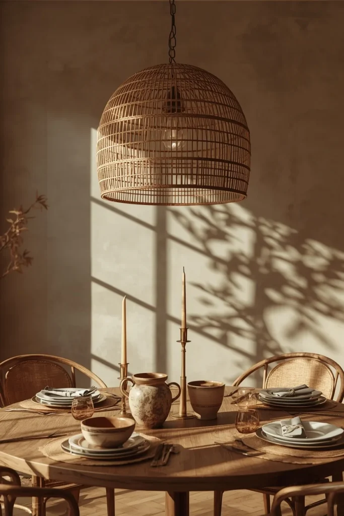 16 Boho Dining Room Ideas That Are Colorful, Layered & Totally Stunning 4 dining room, featuring a woven rattan chandelier