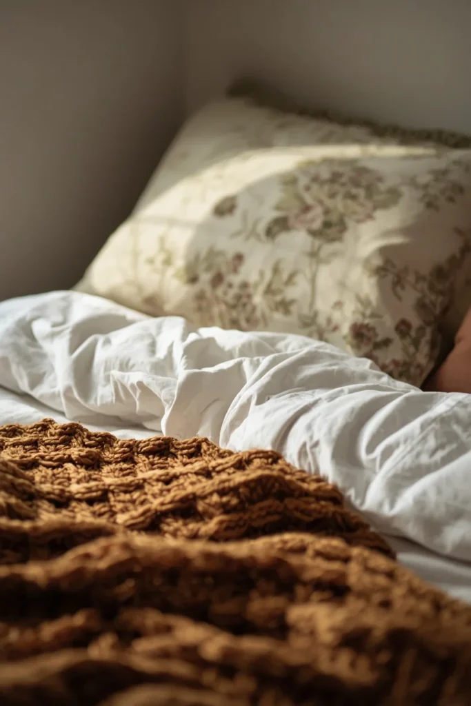 close-up styling vignette of a bed, featuring layered cream linen sheets,
