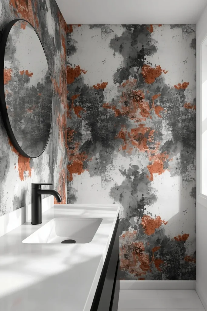 modern bathroom, featuring abstract ink-wash wallpaper in charcoal