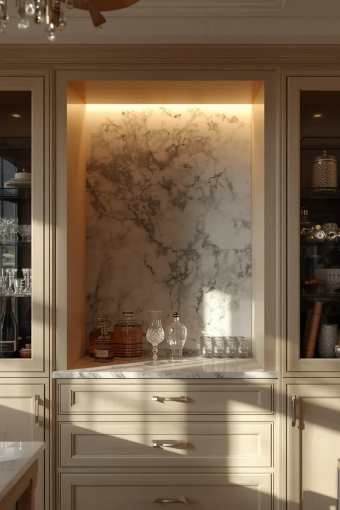 17 Built-In Dining Room Cabinet Ideas That Are Beautiful & Super Practical 4 dining room built-in, featuring a dramatic veined marble niche bar