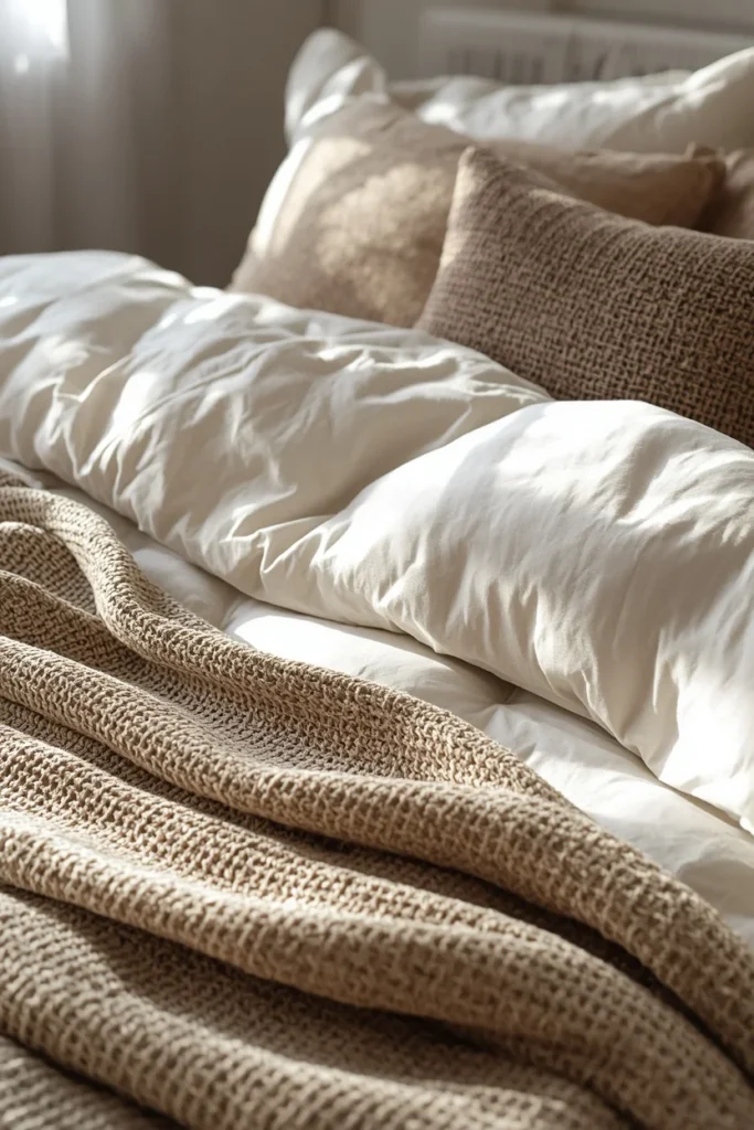 16 Classy Bedroom Ideas That Ooze Quiet Luxury Without the Price Tag 4 bed close-up, featuring layered cream linen duvet,