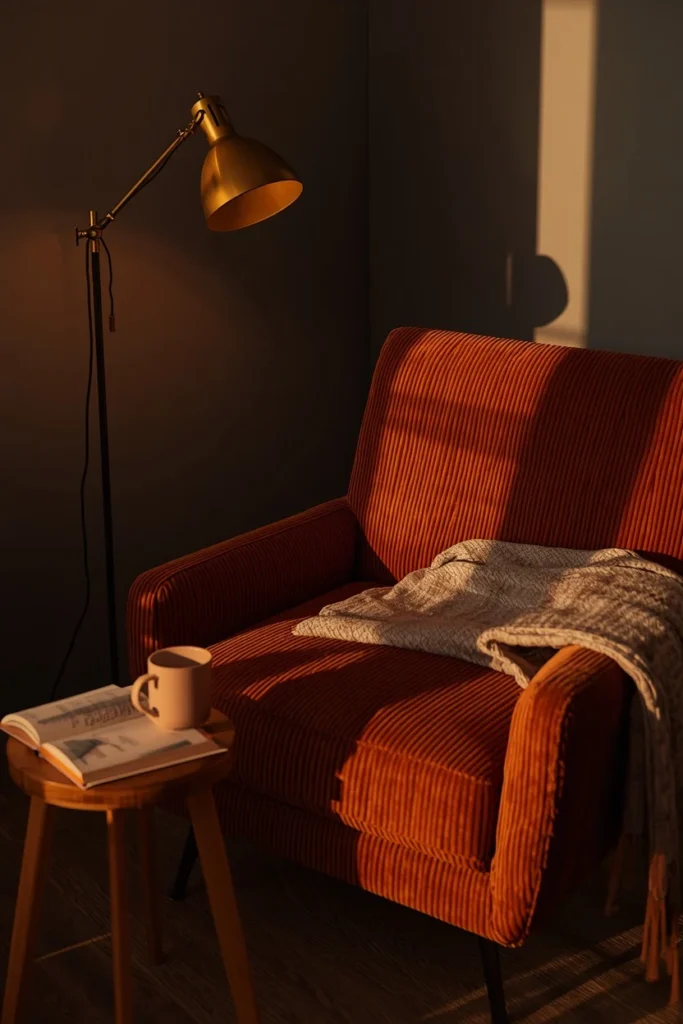 reading corner, featuring a corduroy lounge chair in warm terracotta tone