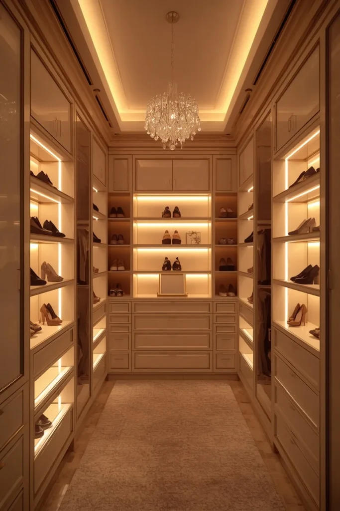 24 Custom Walk-In Closet Designs That Make Getting Dressed Feel Like a Dream 4 Three Types of custom walk in Closet Lighting