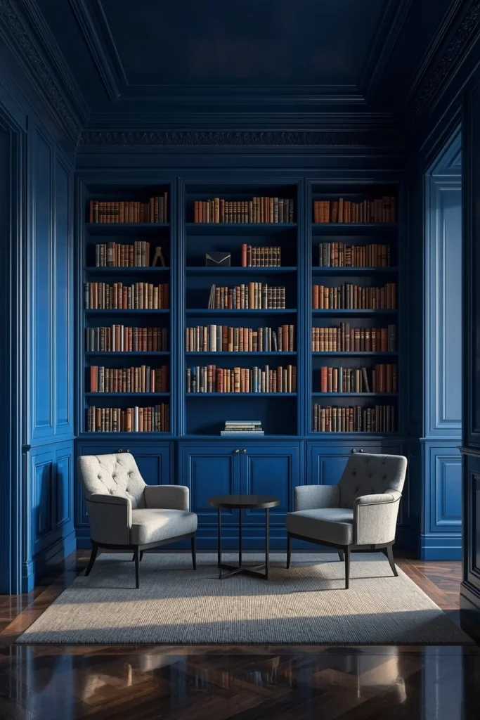 24 Dream Home Library Ideas That Are So Beautiful They'll Take Your Breath Away 4 home library, featuring high-gloss lapis blue lacquered walls,