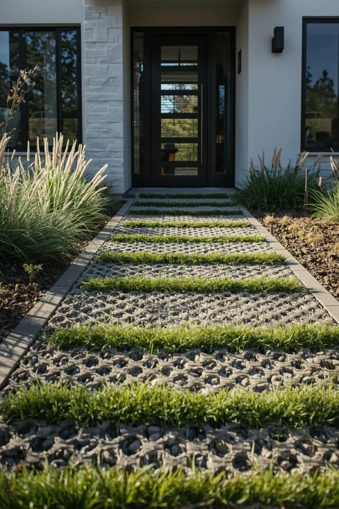  contemporary home exterior, featuring a permeable grid paver driveway 