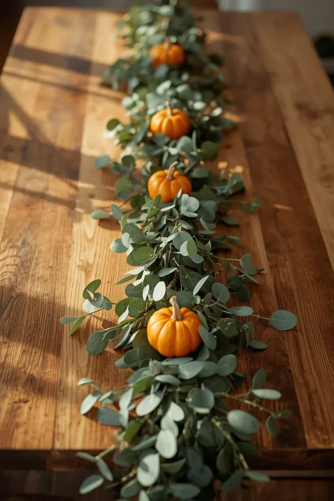 16 Fall Table Decor Ideas That Turn Every Dinner Into an Autumn Celebration 4 table centerpiece featuring a draped eucalyptus garland