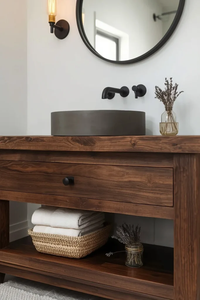 20 Farmhouse Bathroom Ideas That Are Rustic, Cozy & Utterly Gorgeous 4 armhouse bathroom vanity made from deeply grained reclaimed dark walnut barn wood