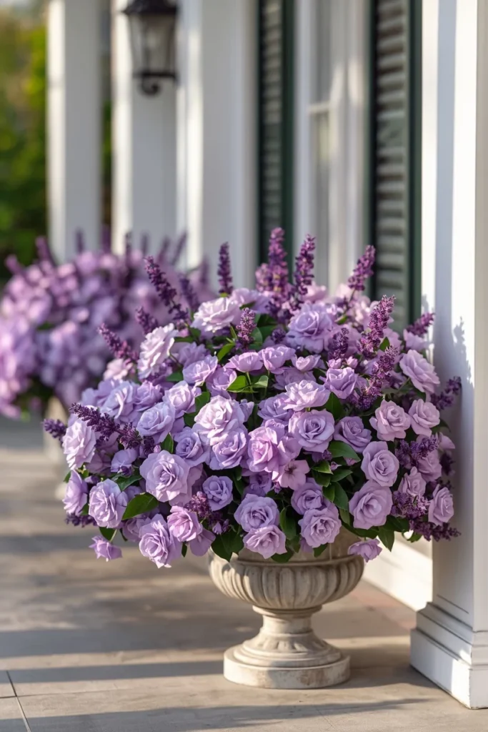 22 Front Porch Flower Ideas That Make Your Home's Entrance Bloom Beautifully 4 front porch planters filled entirely with soft purple and lavender blooms