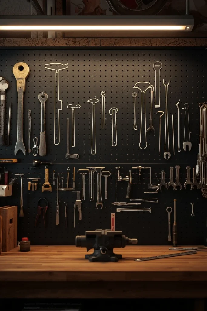 19 Garage Storage Ideas That Finally Tame the Chaos & Look Great Doing It 4 workbench close-up, featuring a black pegboard wall