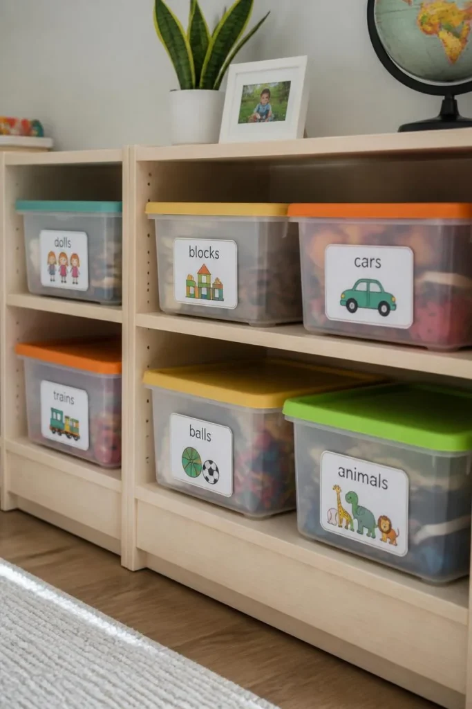children's playroom, featuring a row of storage bins 