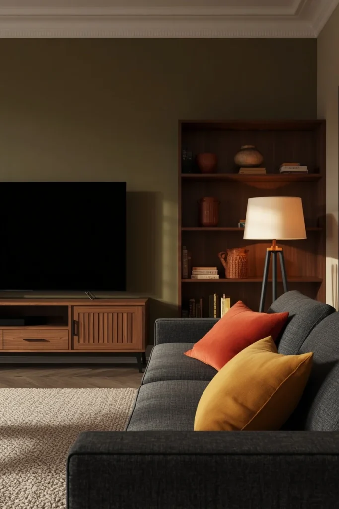 16 Green Living Room Ideas That Bring Life, Calm & Color to Any Space 4 living room, featuring an olive green accent wall behind a walnut media console