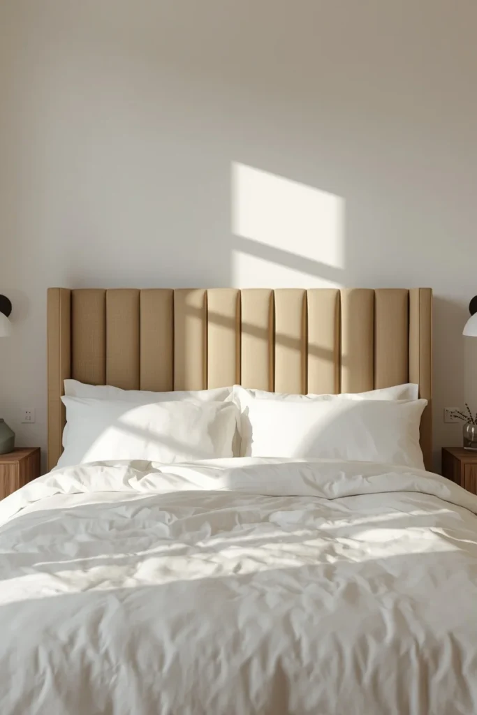 guest bedroom, featuring a tailored channel-tufted linen headboard 