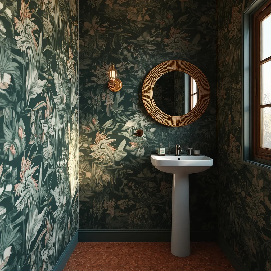 23 Half Bathroom Ideas That Turn a Tiny Room Into a Total Showstopper 4 Make Wallpaper the Hero in half bathroom