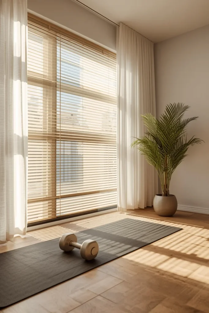 home gym, featuring a workout zone positioned beside a large window 