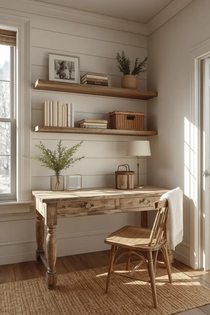 farmhouse home office, featuring a distressed reclaimed wood desk
